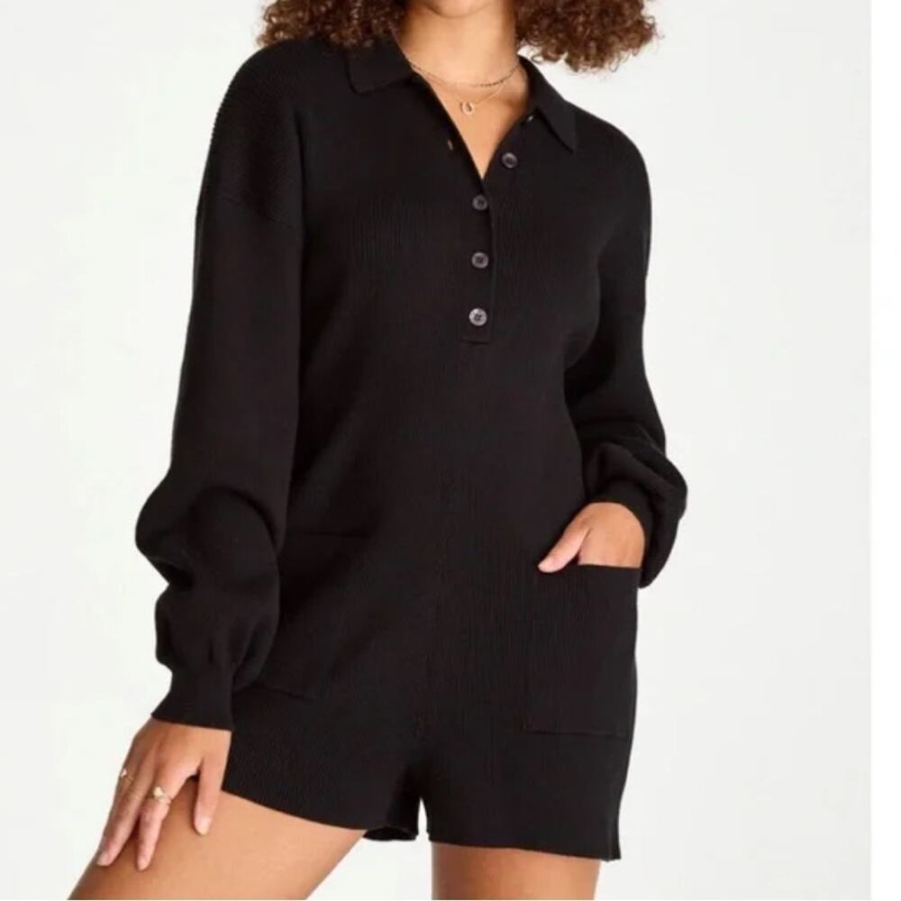 525 Long Sleeve Polo Playsuit Black Rib Knit Collar Romper